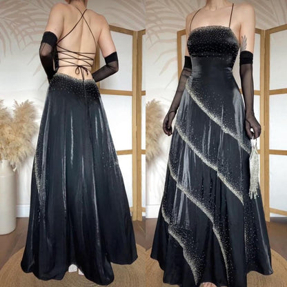 Black beaded lace back a-line prom dress uk 10