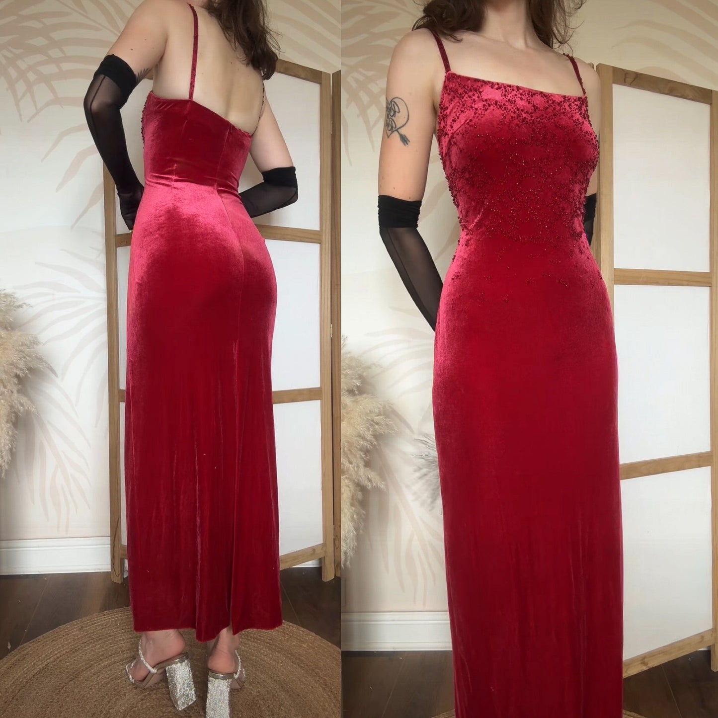 Red stretch beaded evening dress uk 14