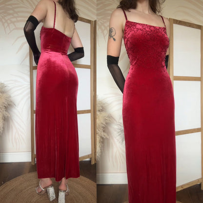 Red stretch beaded evening dress uk 14