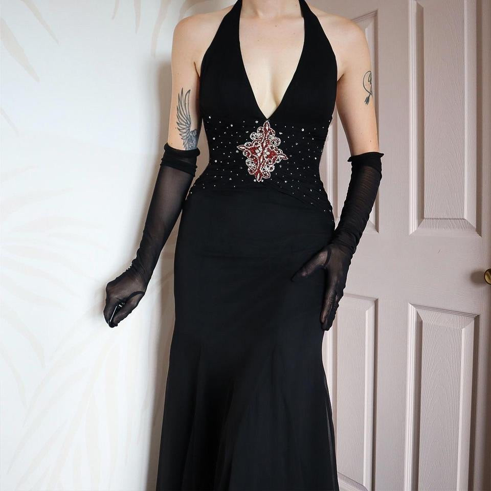 Bernshaw black 100% silk halter-neck evening gown UK 10