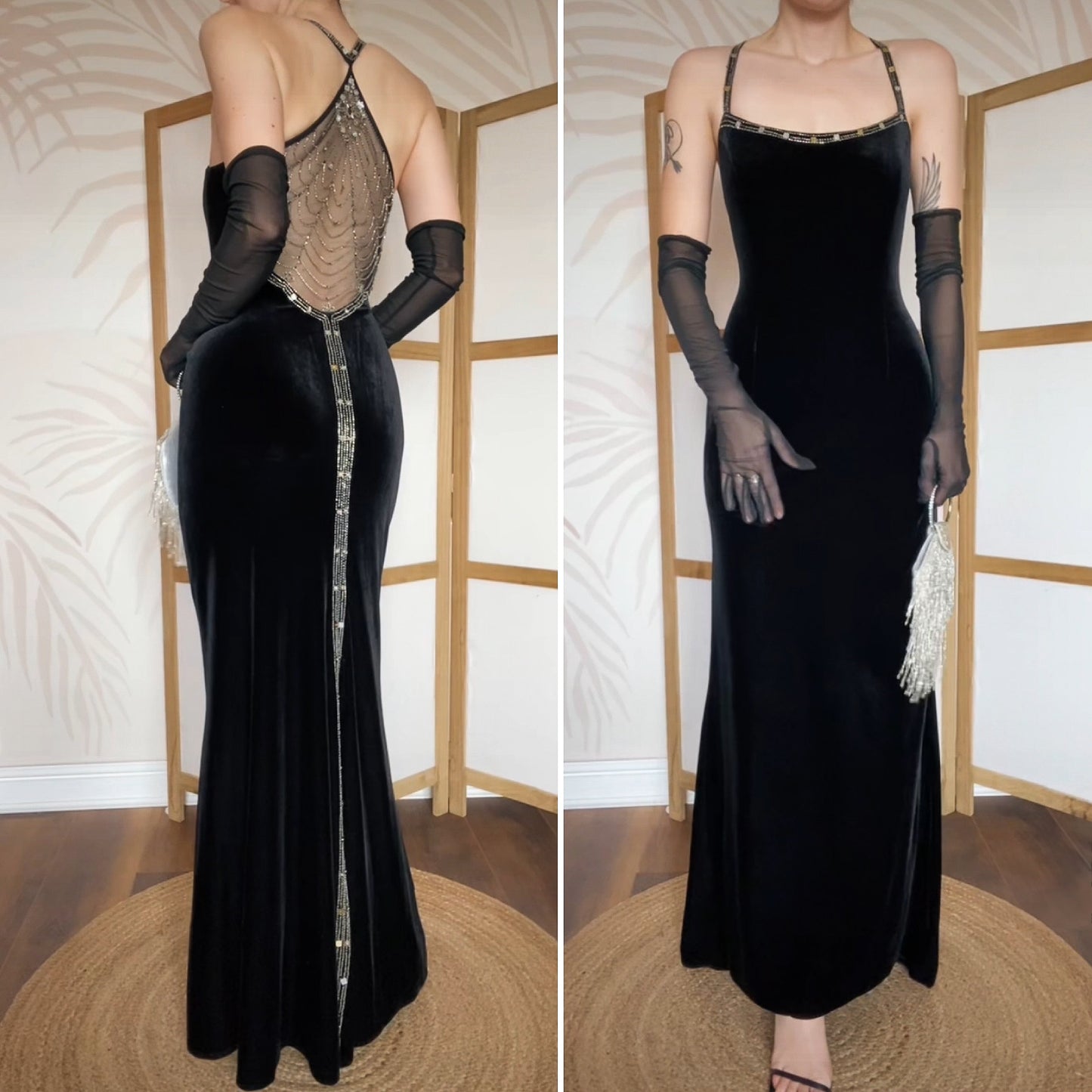 Black velvet beaded 90s evening dress uk 14