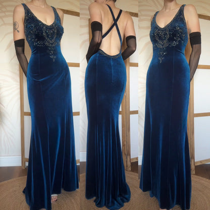 Niki Livas electric blue velvet evening dress uk 14