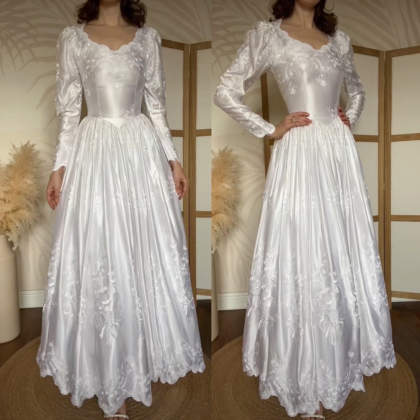 Bright white satin embroidered long sleeve wedding dress uk 8