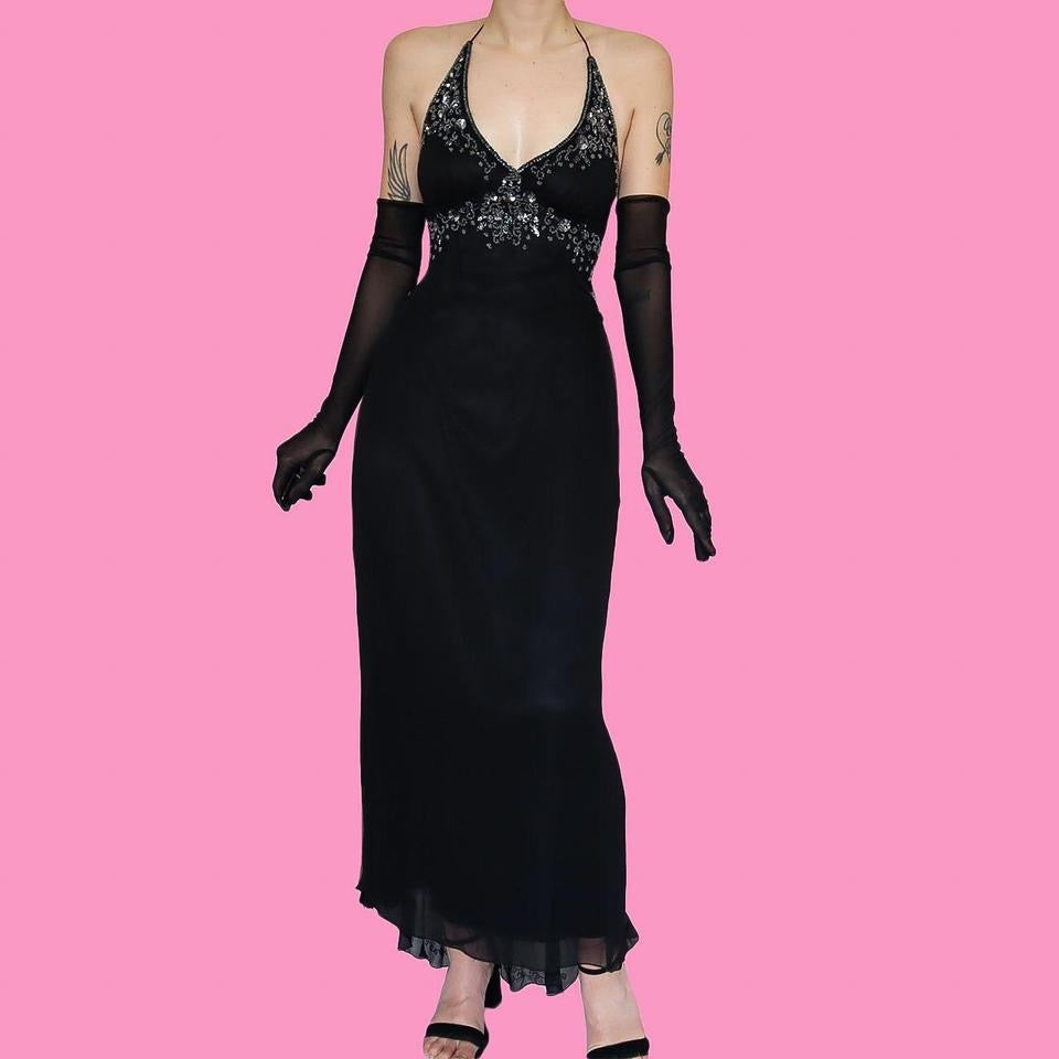 Black beaded halter neck evening dress UK 14