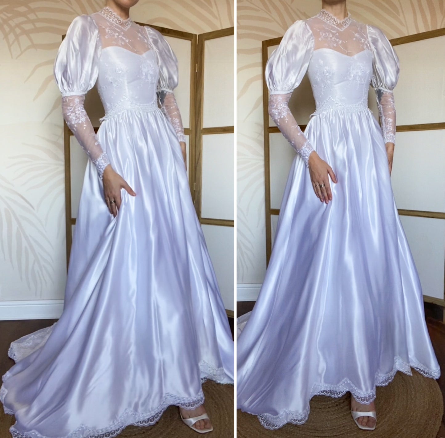 White satin & lace 80s wedding dress UK 6-8/XS