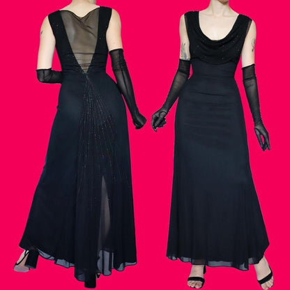 Tadashi black stretch sheer back evening dress UK 14