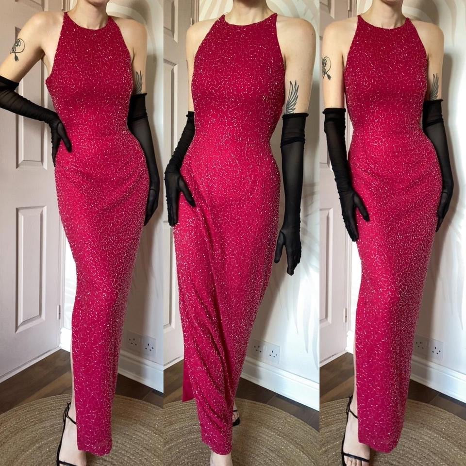 Fuchsia pink beaded open back evening dress UK 10