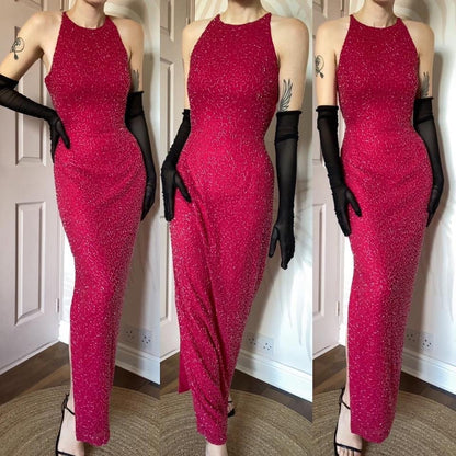Fuchsia pink beaded open back evening dress UK 10