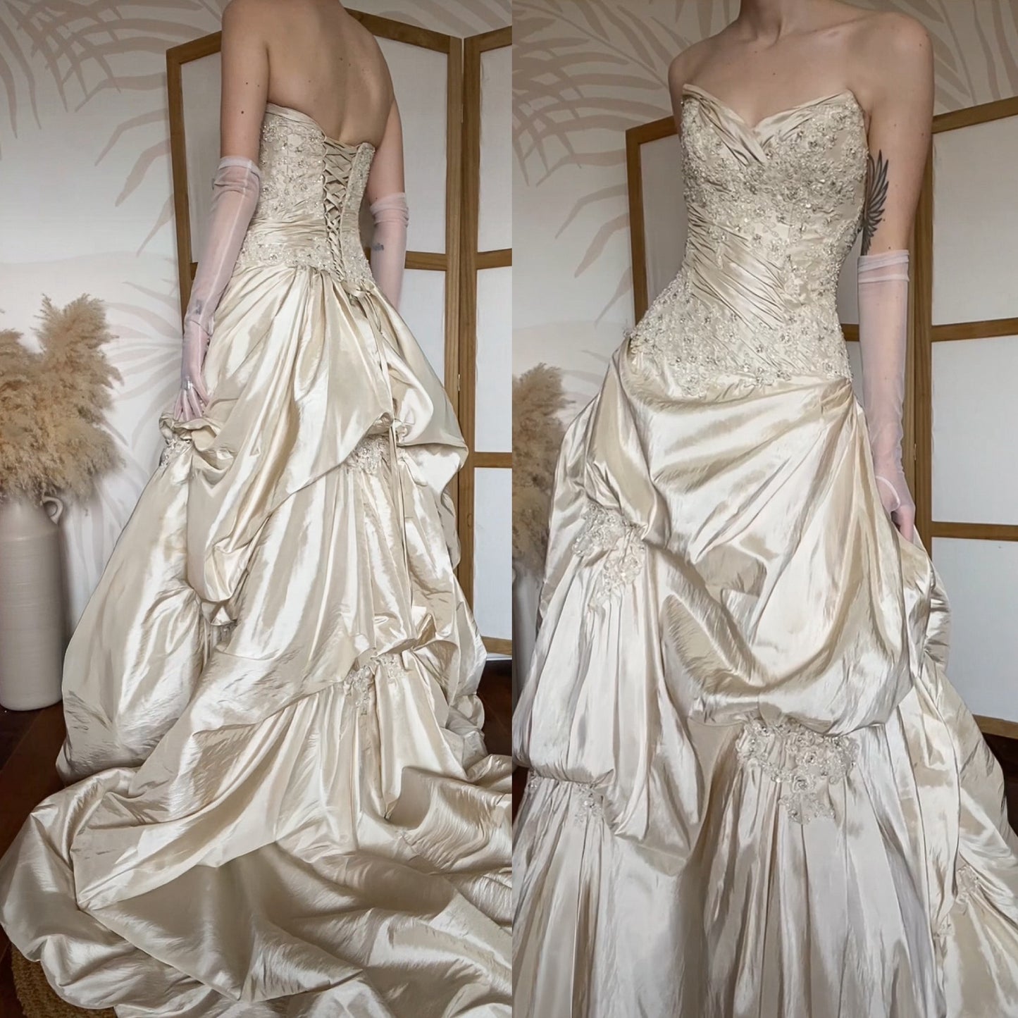 Champagne Maggie Sottero strapless a-line wedding dress uk 10