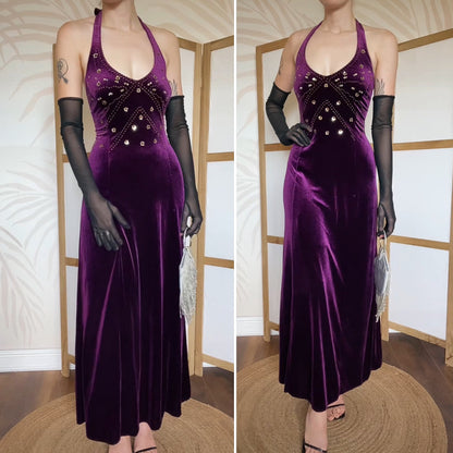 Dark purple velvet halterneck evening dress uk 12
