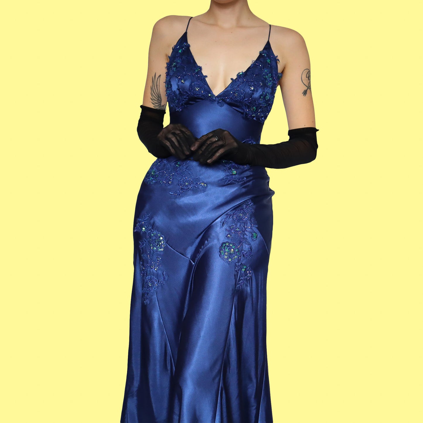 Blue satin lace evening dress UK 8