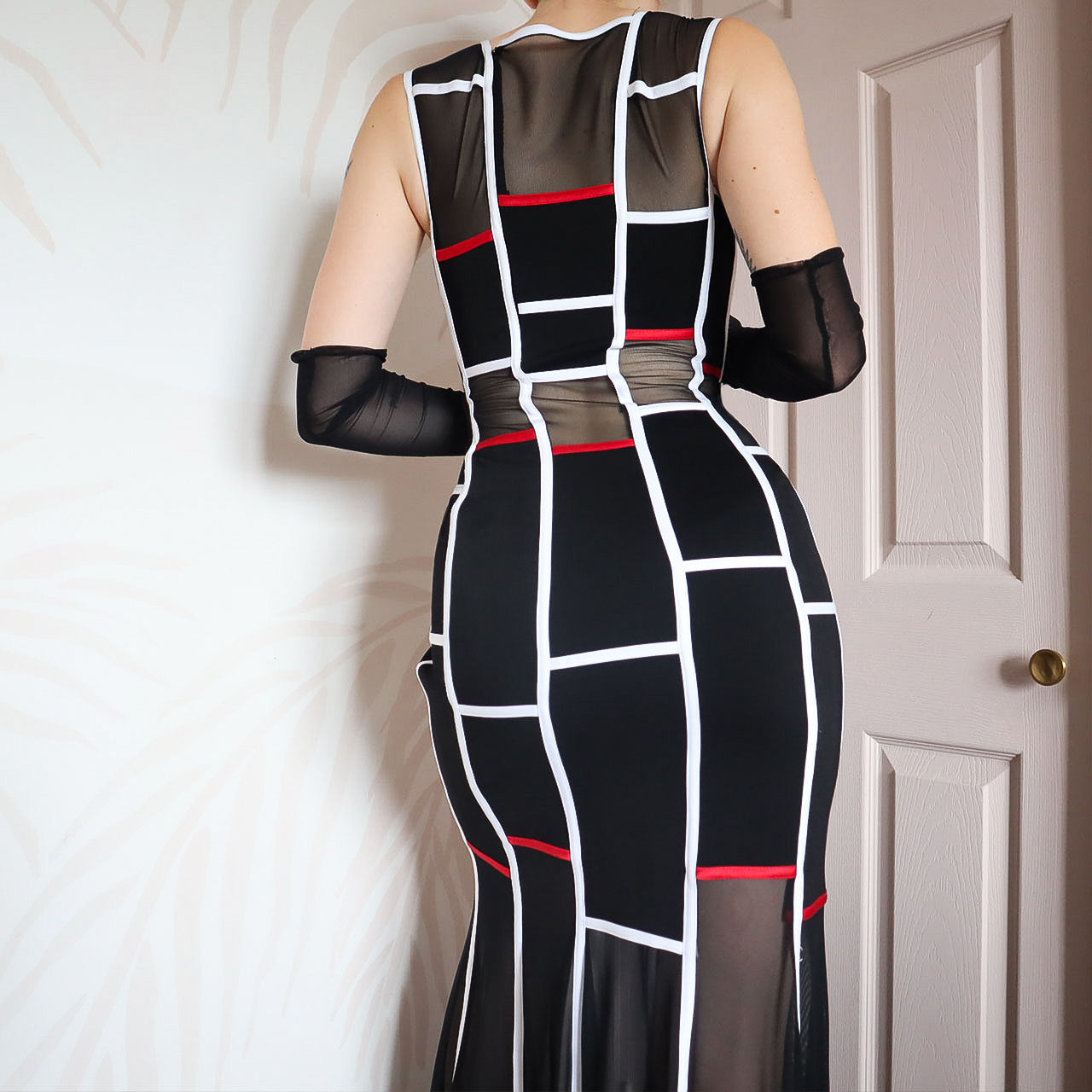 Tadashi black/white & red sheer panel dress UK 12