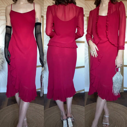 Debut red chiffon 2-piece dress & jacket uk 12
