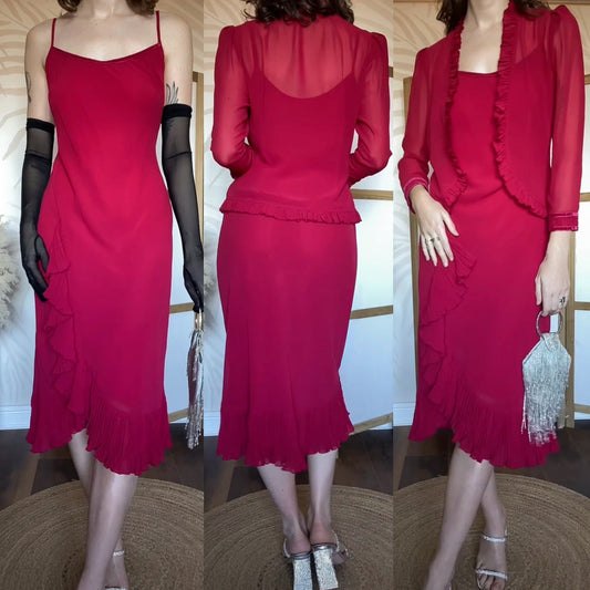 Debut red chiffon 2-piece dress & jacket uk 12