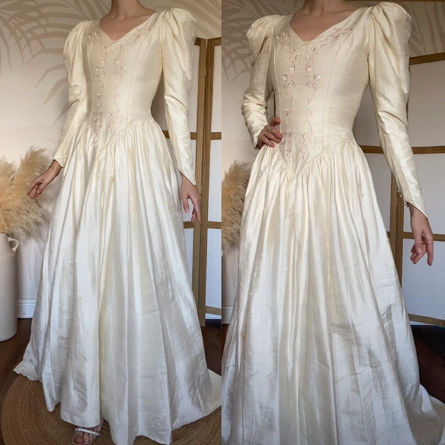 Ivory 80s 100% silk long sleeve wedding dress uk 10