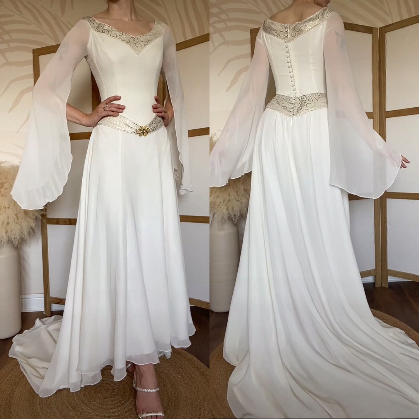 Ivory long sleeve medieval inspired wedding dress uk 10