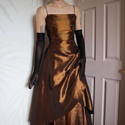 YVE London silky brown layered evening gown UK 12