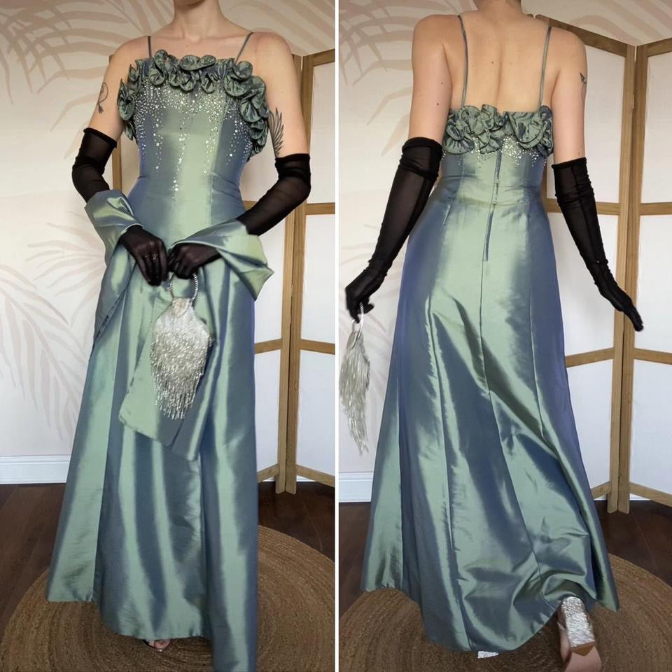 Hilary Morgan green evening dress & shawl UK 8-10