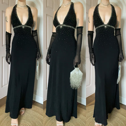 Black 90s Dave & Johnny beaded stretch halter neck evening dress UK 10