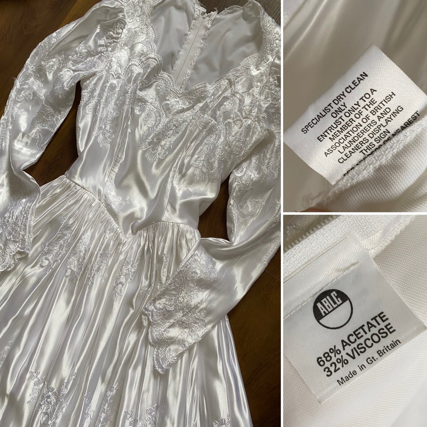 Bright white satin embroidered long sleeve wedding dress uk 8