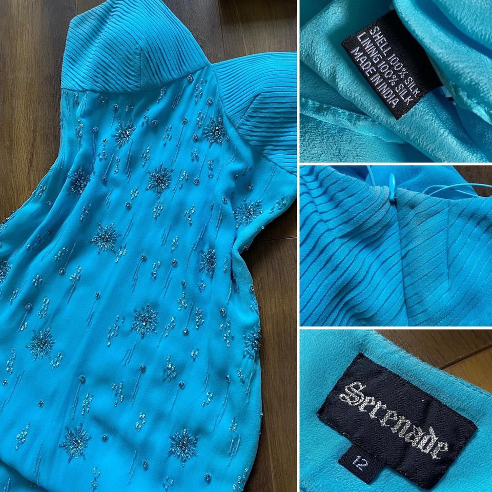 Light blue beaded 100% silk evening dress uk 10
