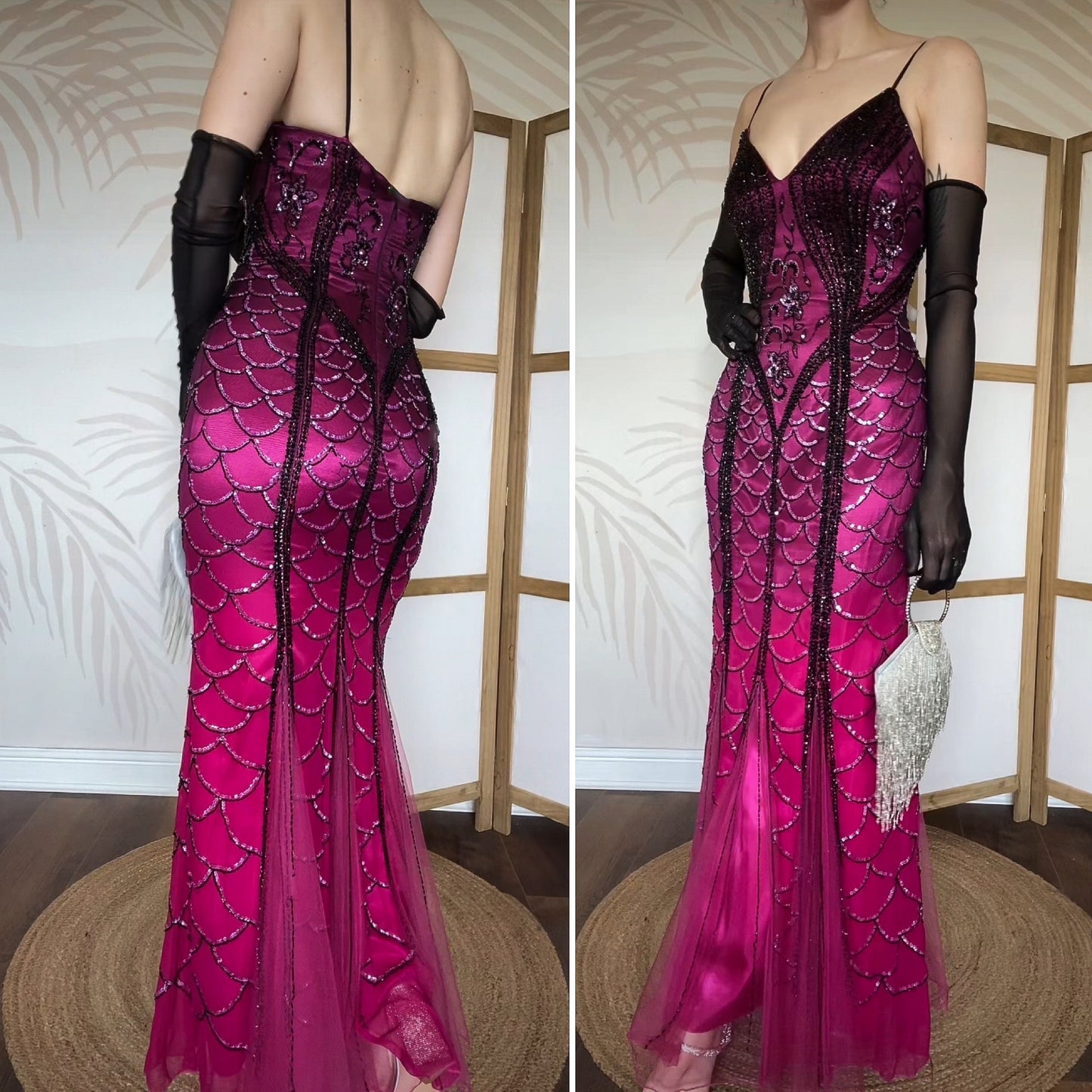 Pink 100% silk bead & sequin mermaid evening dress uk 10