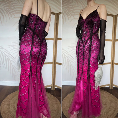 Pink 100% silk bead & sequin mermaid evening dress uk 10
