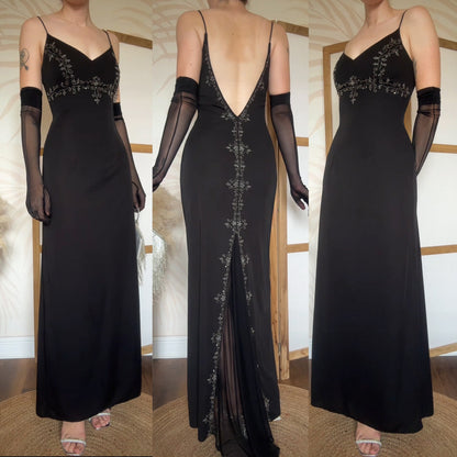 Black beaded low back evening dress uk 10