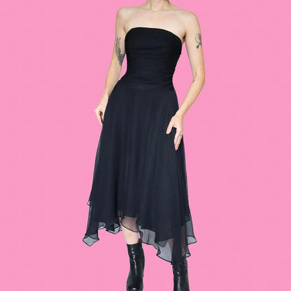 Black 100% silk strapless midi dress UK 12