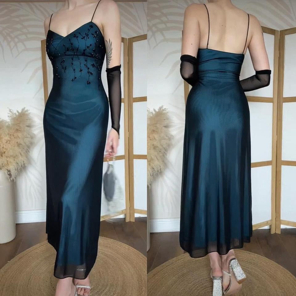 Blue stretch beaded evening midi dress uk 10