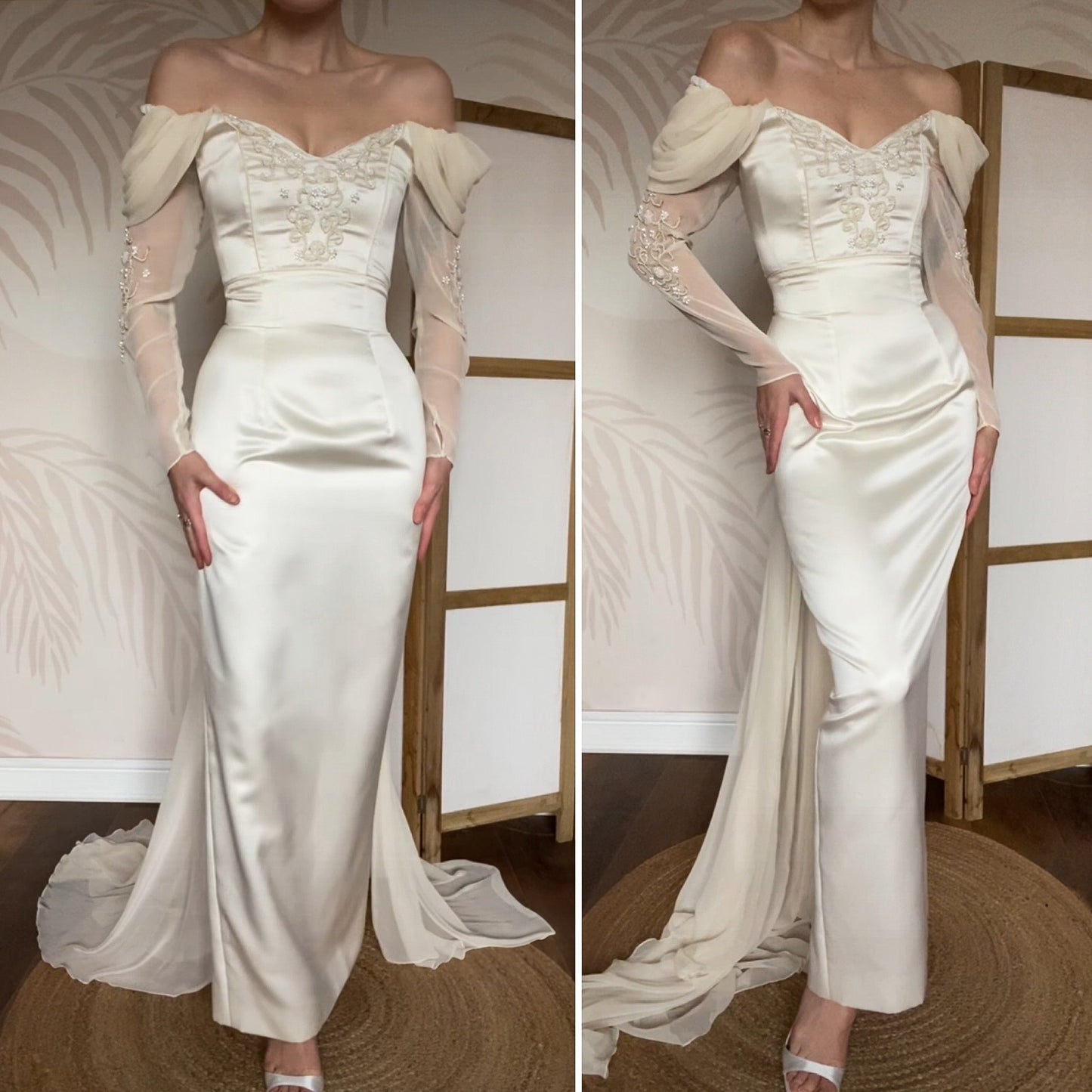 Cream off shoulder fitted wedding dress UK 12