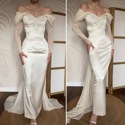 Cream off shoulder fitted wedding dress UK 12