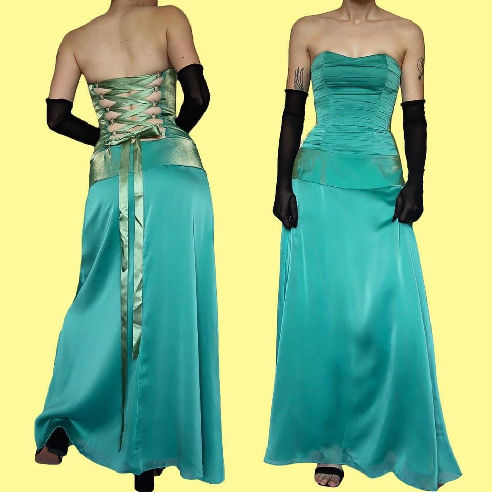 Teal strapless lace up evening gown UK 10