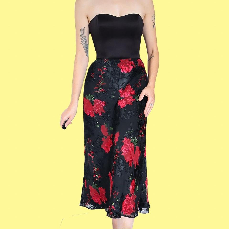 Black silk blend floral midi skirt UK 10