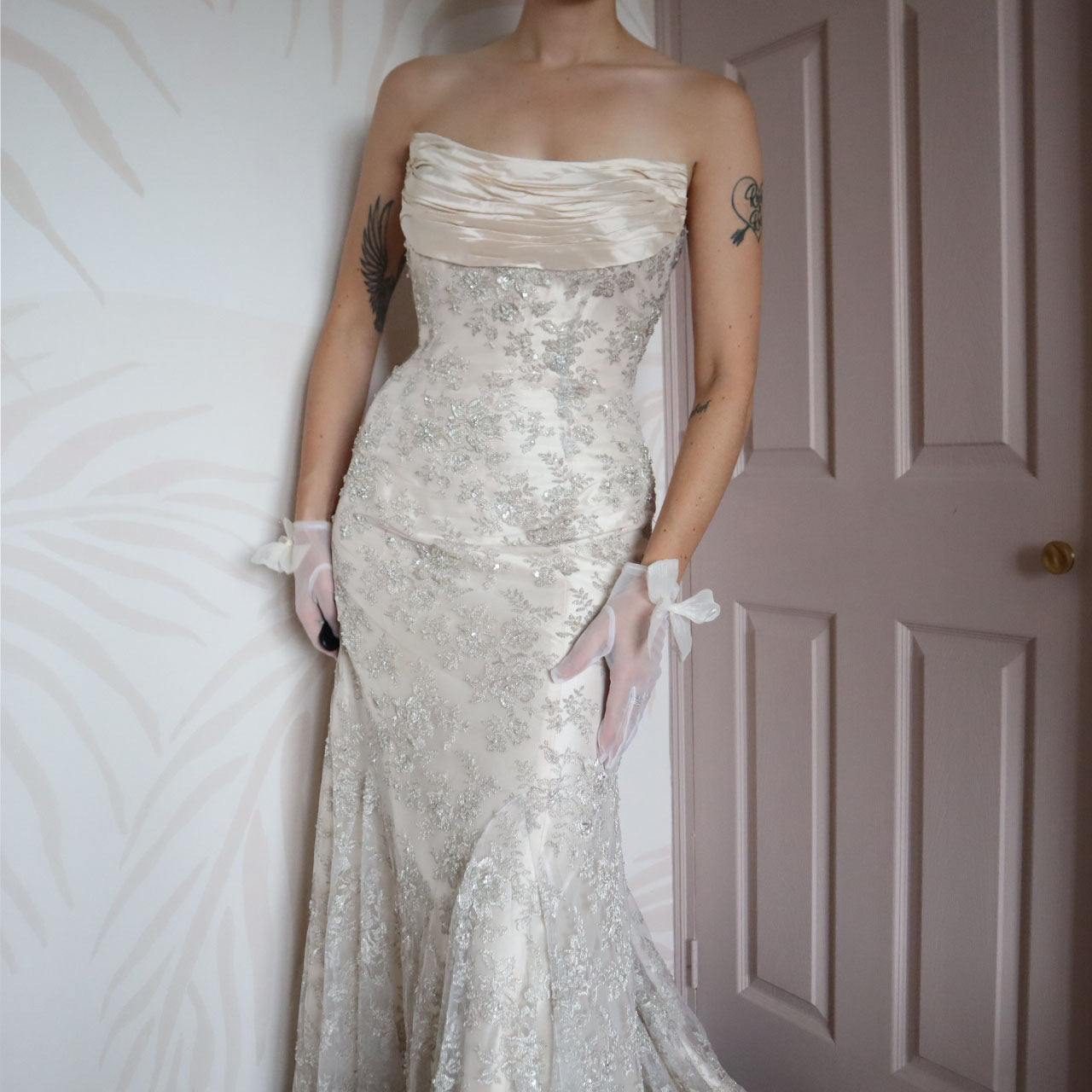 Champagne strapless Ian Staurt lace wedding dress UK 14