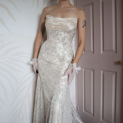 Champagne strapless Ian Staurt lace wedding dress UK 14