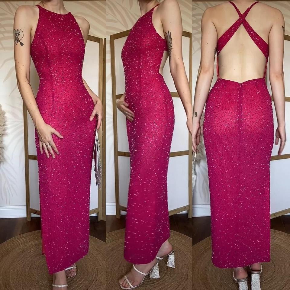 Fuchsia pink Marina beaded open back evening dress uk 10