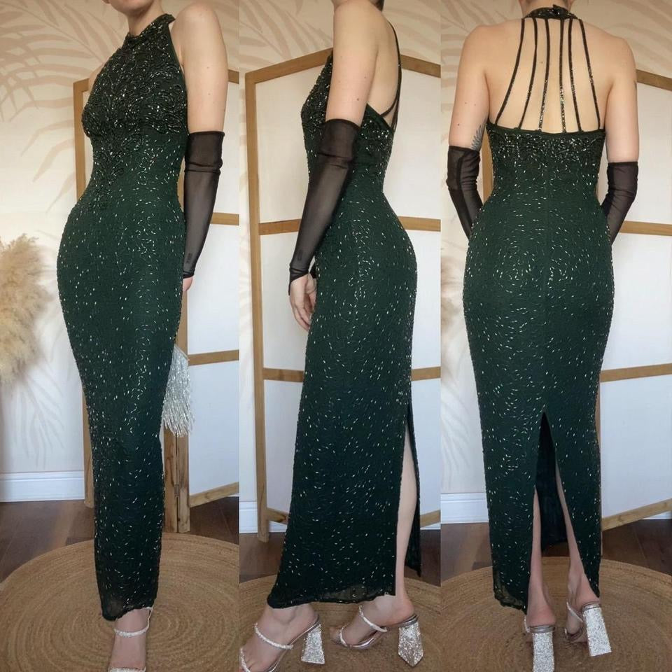 Forest green 100% silk high neck beaded dress uk 10
