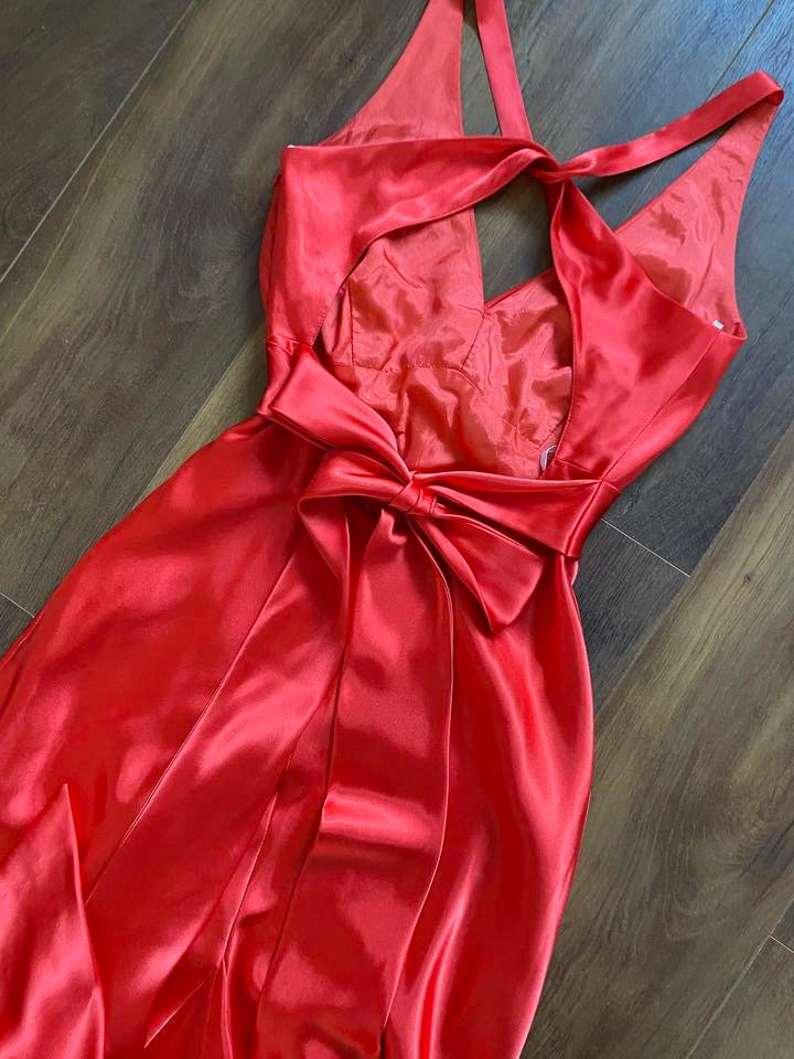 Orangey red satin evening gown UK 10