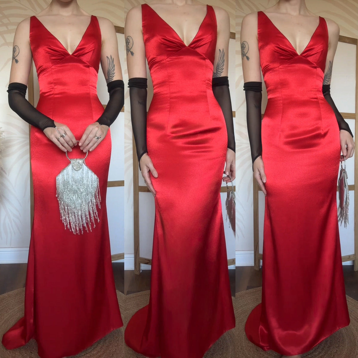 Red satin lace back evening dress uk 8-10
