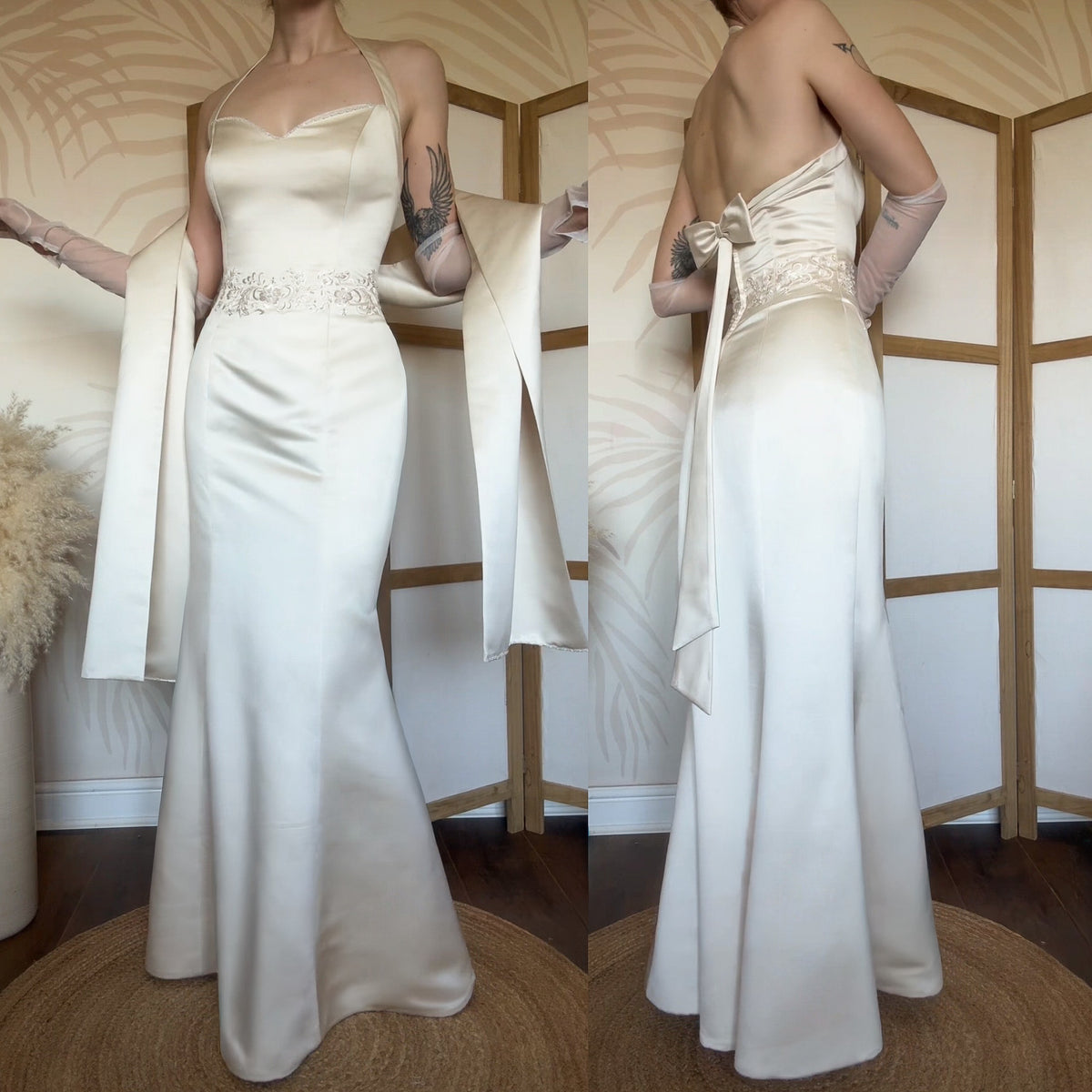Cream halter-neck wedding dress & shawl uk 14