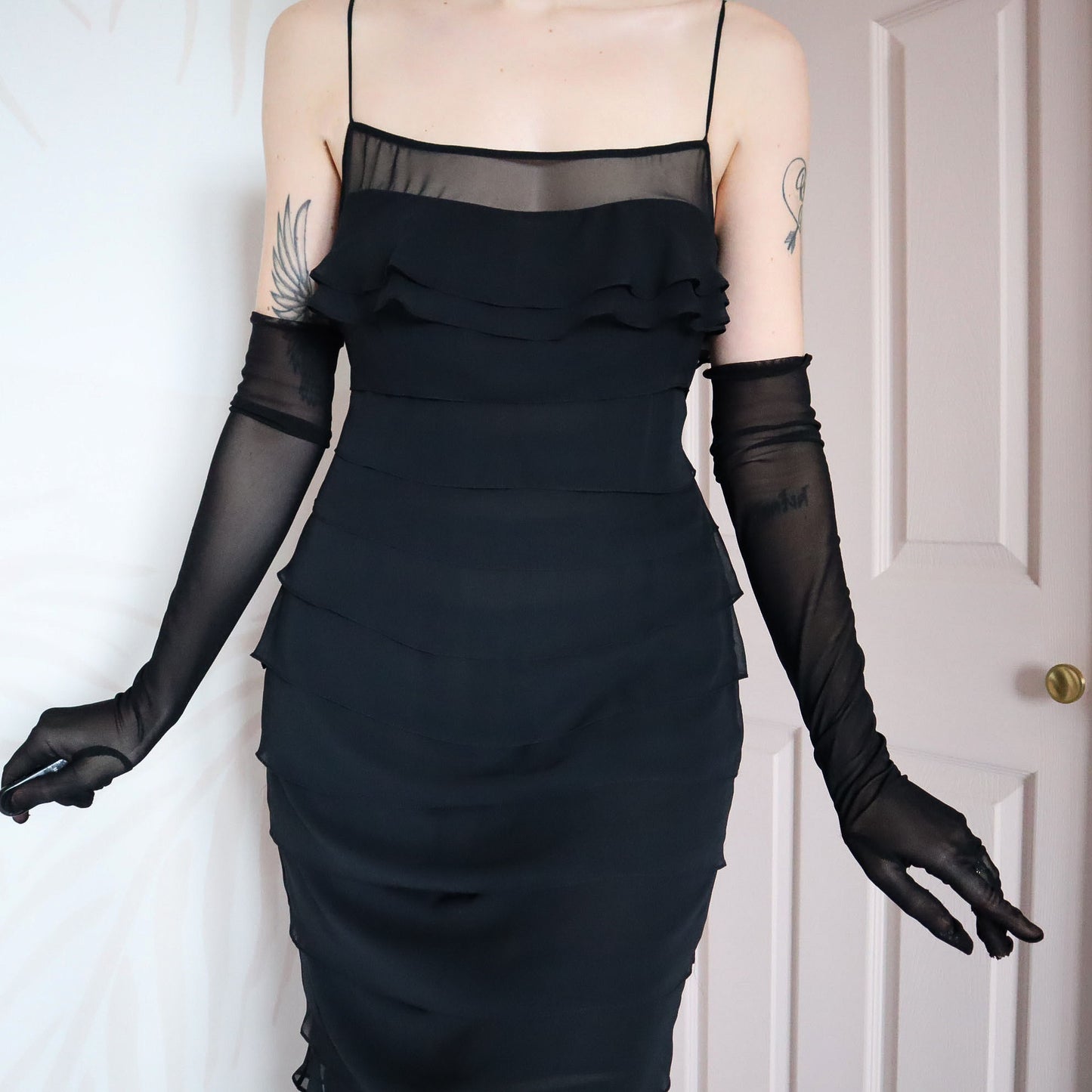 Vintage John Charles black layered evening gown UK 10