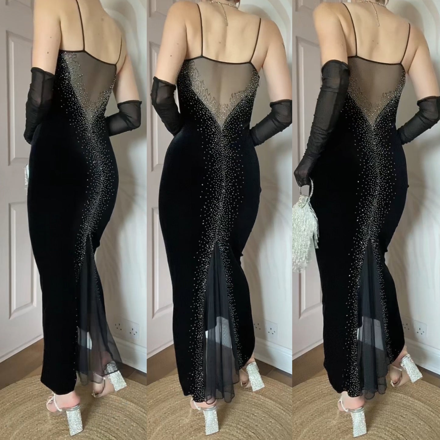 Black 90s Dave & Johnny velvet beaded stretch evening dress UK 8-10 & 12