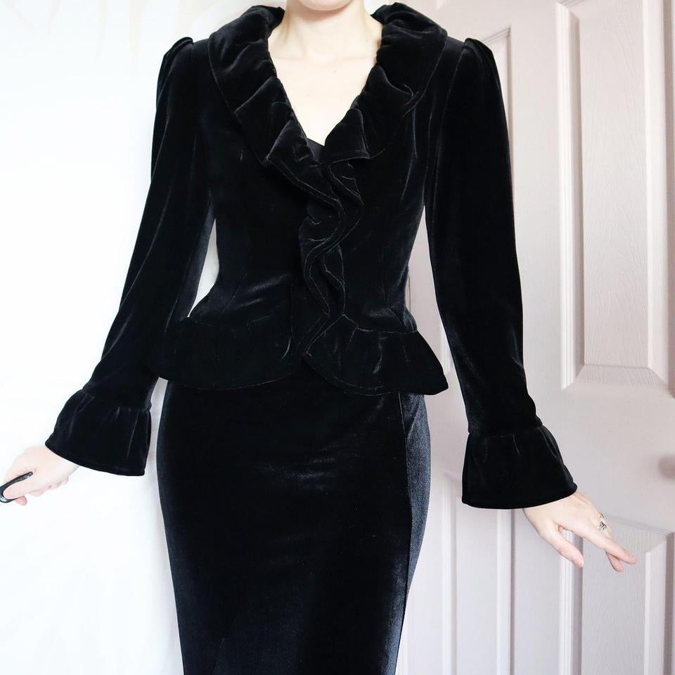 Black velvet ruffle evening jacket UK 10-12