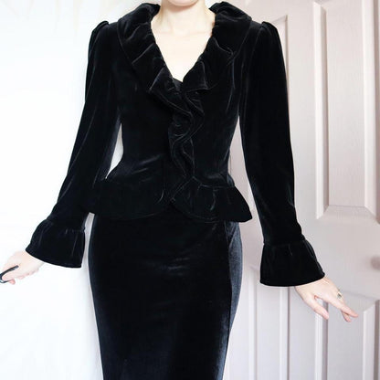 Black velvet ruffle evening jacket UK 10-12