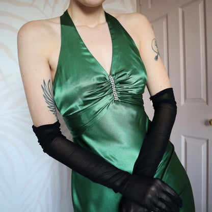 Green satin open back evening gown UK 12