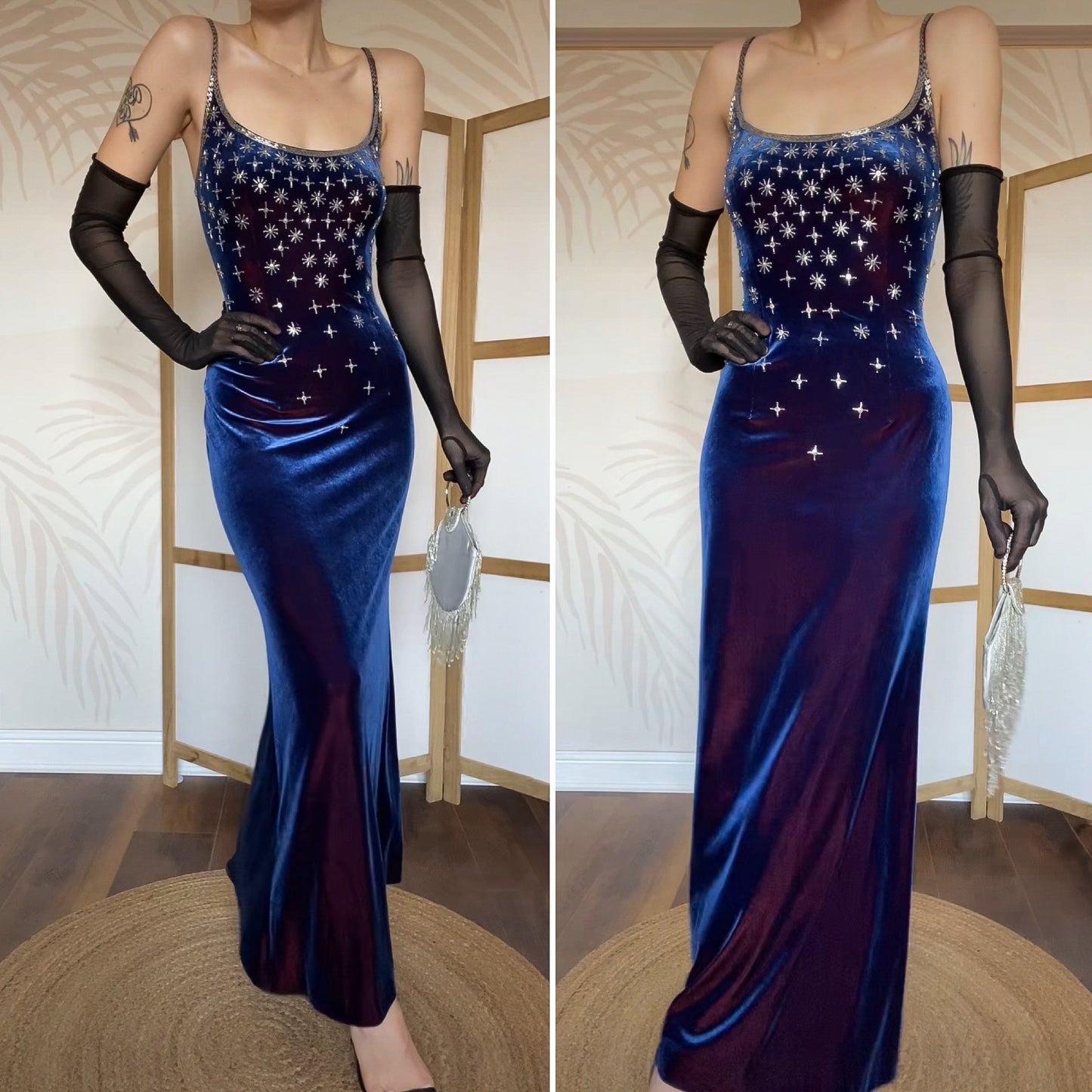 Frank Usher blue velvet stretch beaded evening dress UK 12