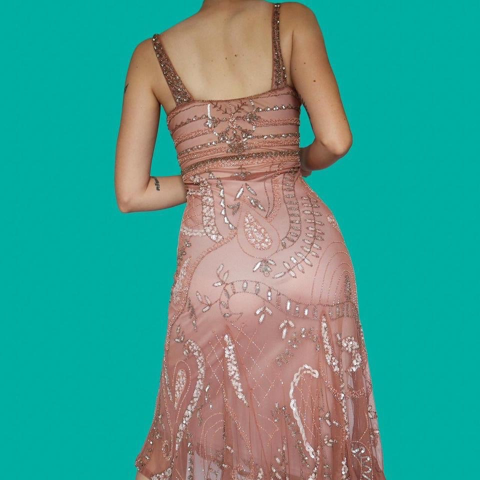 Dusky pink stretch midi dress & shawl UK 10