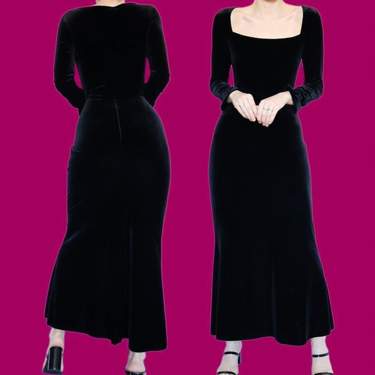 Long sleeve black velvet stretch evening dress UK 14