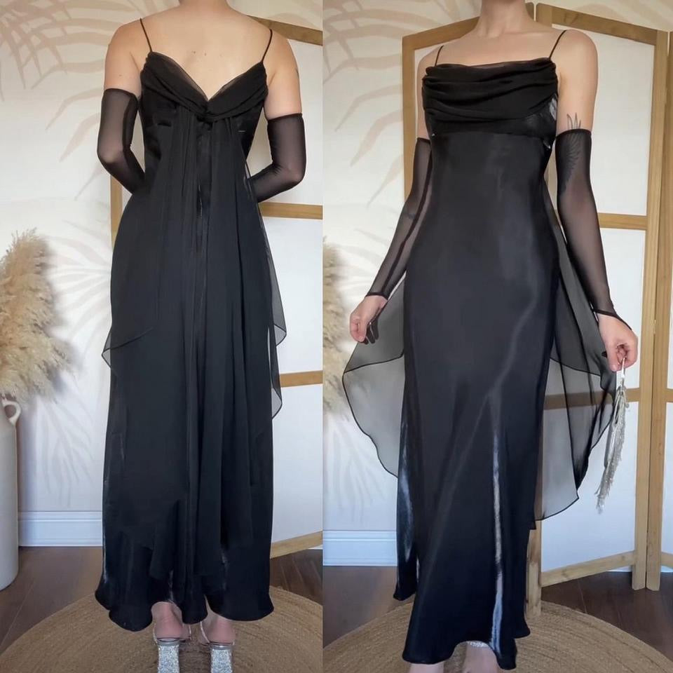 Silky black chiffon detail prom dress uk 14